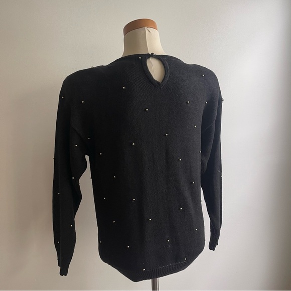 Vintage 1990s Celina Yang Black Sweater w Sequin Epaulets SP Petite Small Pearls - Picture 10 of 11